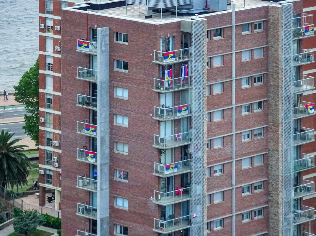 Historic colonial building facade in Montevideo with balconies